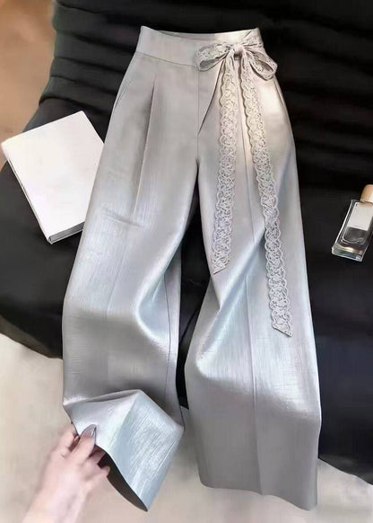Classy Light Grey Lace Tie Waist Wide Leg Pants Summer