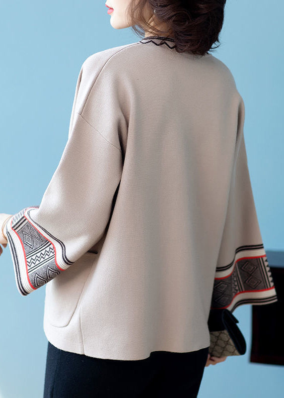 Camel V Neck Print Pockets Patchwork Knit Cardigans Fall