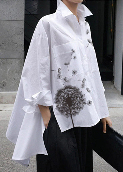 Natural White Peter Pan Collar Low High Design Button Pockets Cotton Shirts Long Sleeve Spring
