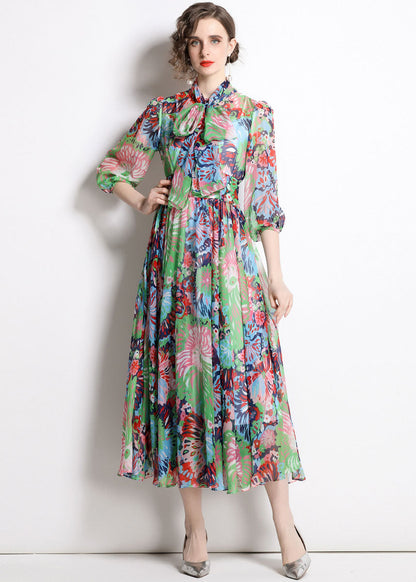 Green Zip Up Print Chiffon Cinch Dress Half Sleeve