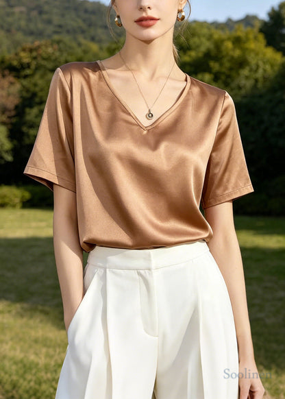 Apricot V Neck Silk Blouse Tops Summer