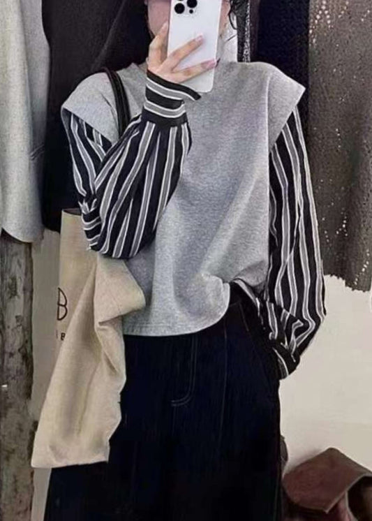 New Grey Fake Two Piece Spliced Stripe Top Autumn