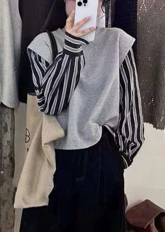 New Grey Fake Two Piece Spliced Stripe Top Autumn