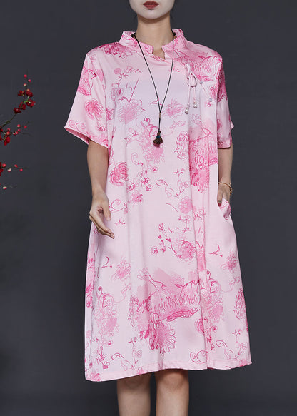 Pink Mandarin Collar Print Silk Dresses Summer