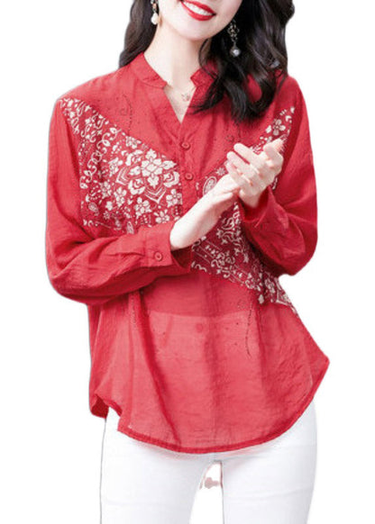 Red V Neck Print Button Diamonds Chiffon Tops Long Sleeve
