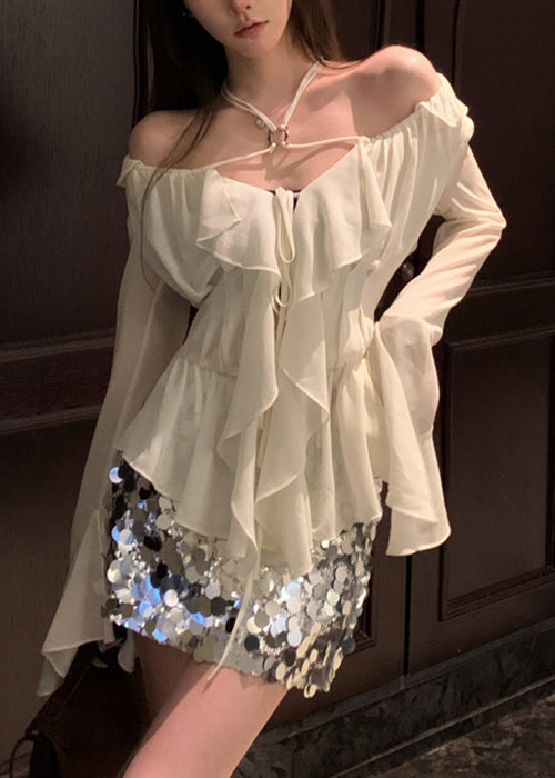 Classy White Ruffled Lace Up Chiffon Shirt Long Sleeve