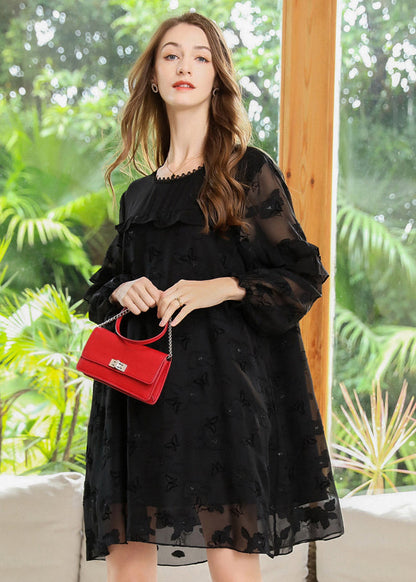 Black Embroideried Patchwork Ruffles Chiffon Maxi Dresses Spring