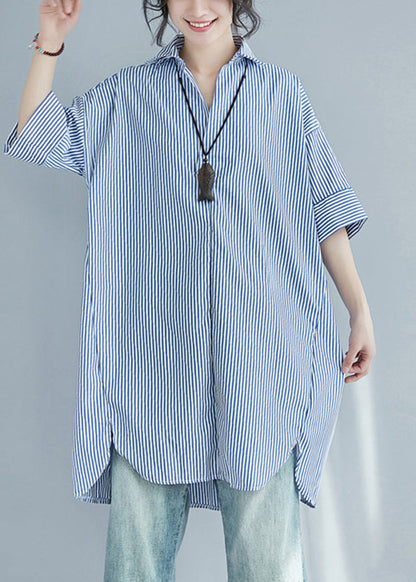 Blue Striped Cotton Shirt Dress Oversized Side Open Summer