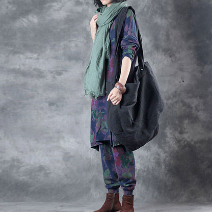 Blue Loose O-neck Side Open Fall Print Two Pieces Set Long Sleeve