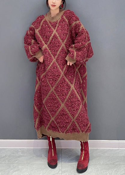 Red O Neck Plaid Patchwork Cotton Knit Dresses Long Sleeve