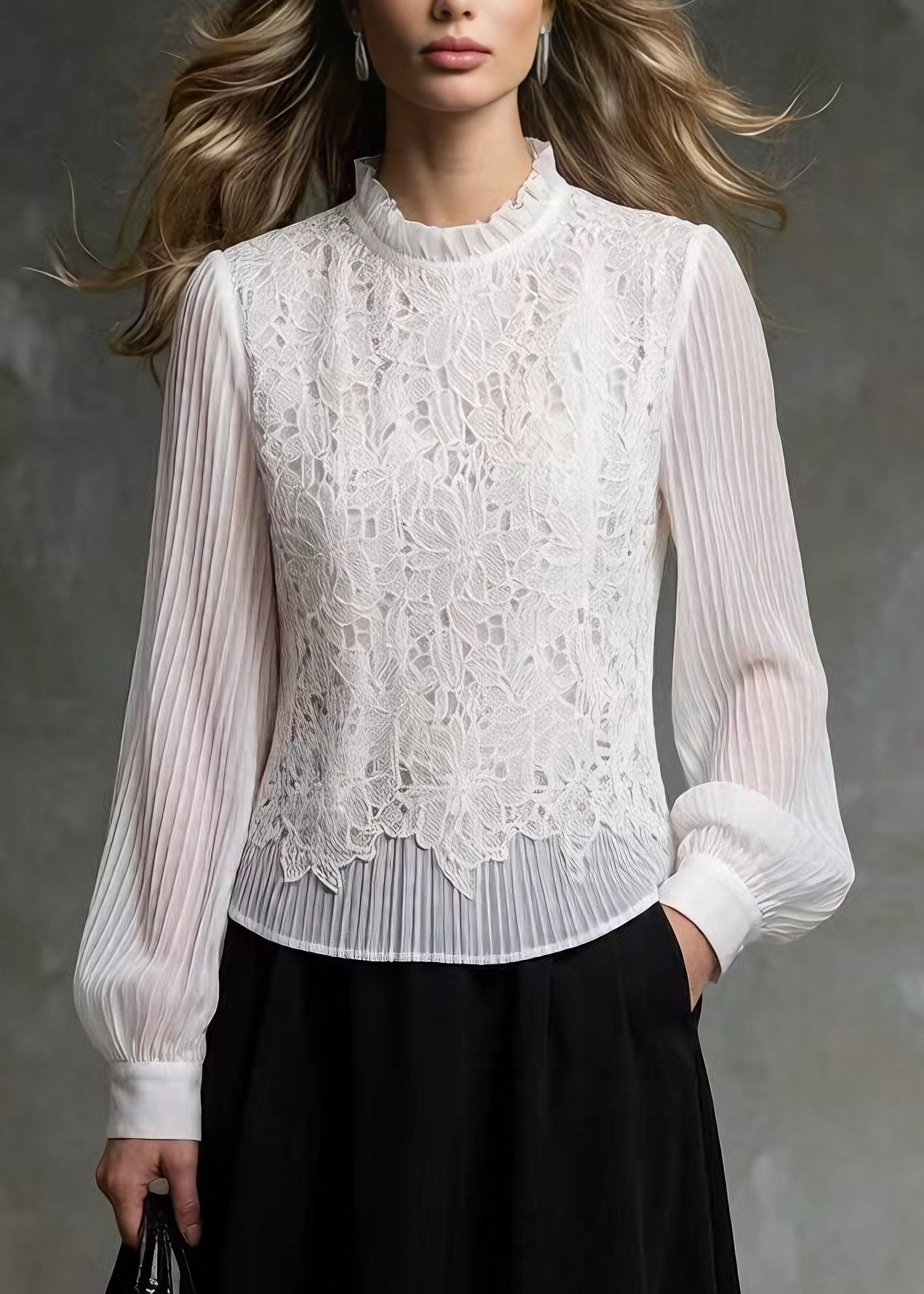 French White Ruffled Lace Patchwork Blouses Spring