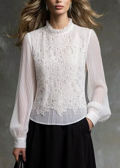 French White Ruffled Lace Patchwork Blouses Spring