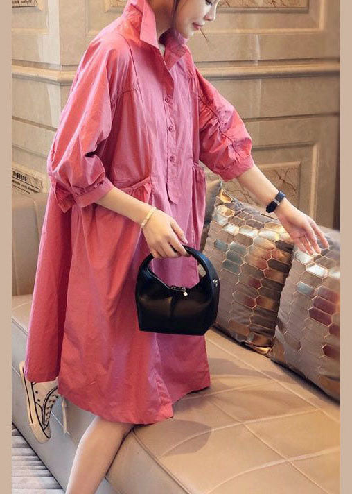 Pink Pockets Button Fall Half Sleeve Shirt Dress
