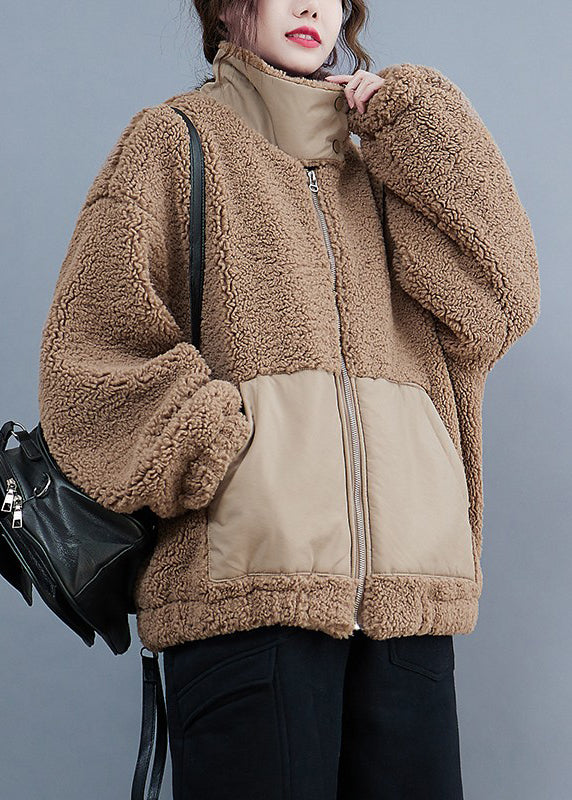 Coffee Zippered Pockets Patchwork Faux Fur Jacket Winter