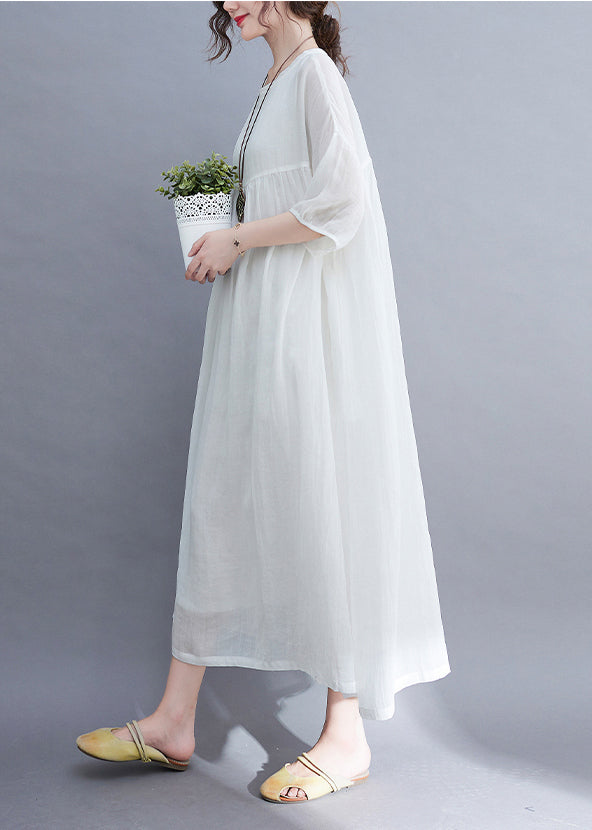 White O-neck Wrinkled Extra Large Hem Long Dress Half Sleeve