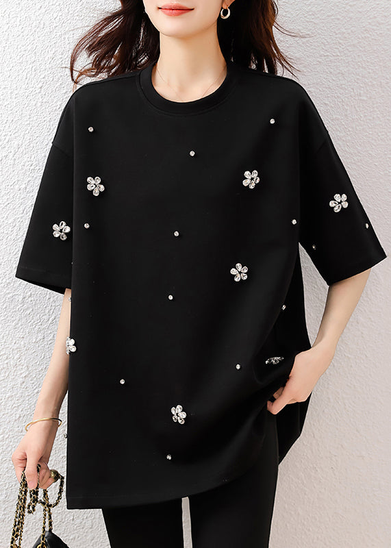 Fine Black Oversized Rhinestone Cotton Tops Summer