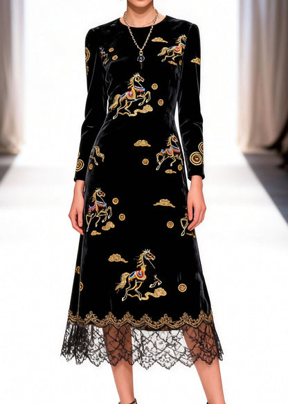 Black Print Horse Silk Velvet Long Dress O-neck Spring