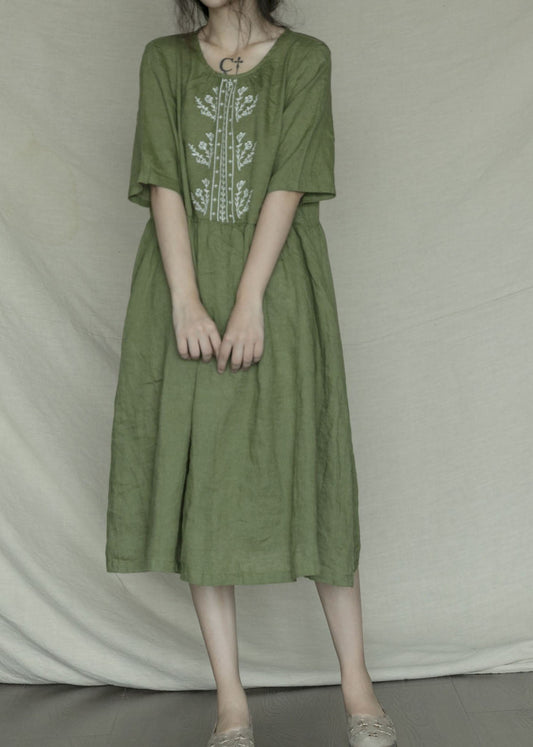 Green Embroideried Linen Dress Short Sleeve