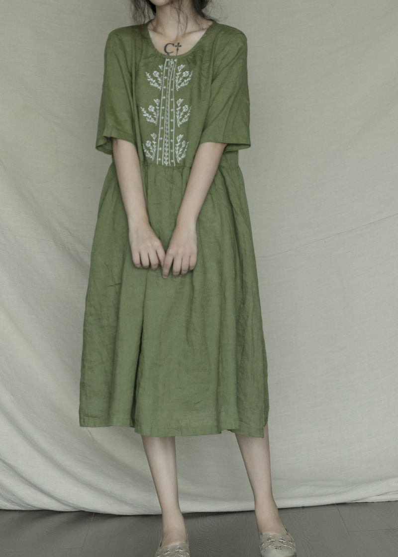Green Embroideried Linen Dress Short Sleeve
