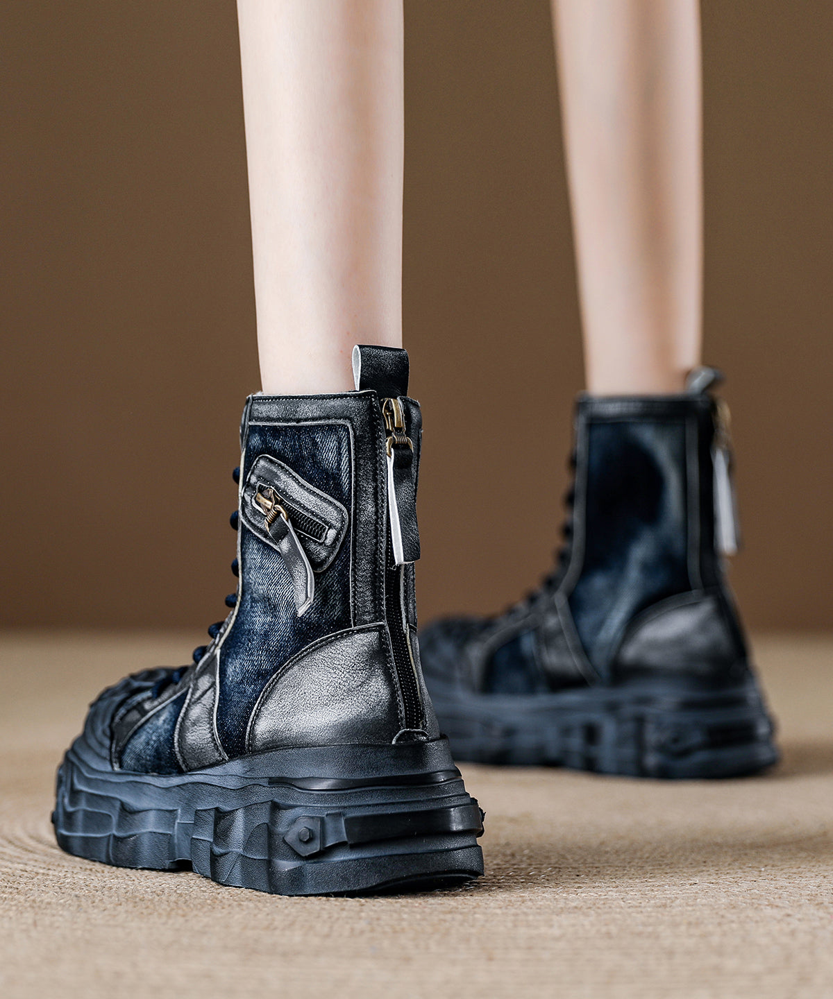 Navy Canvas Lace Up Splicing Platform Boots