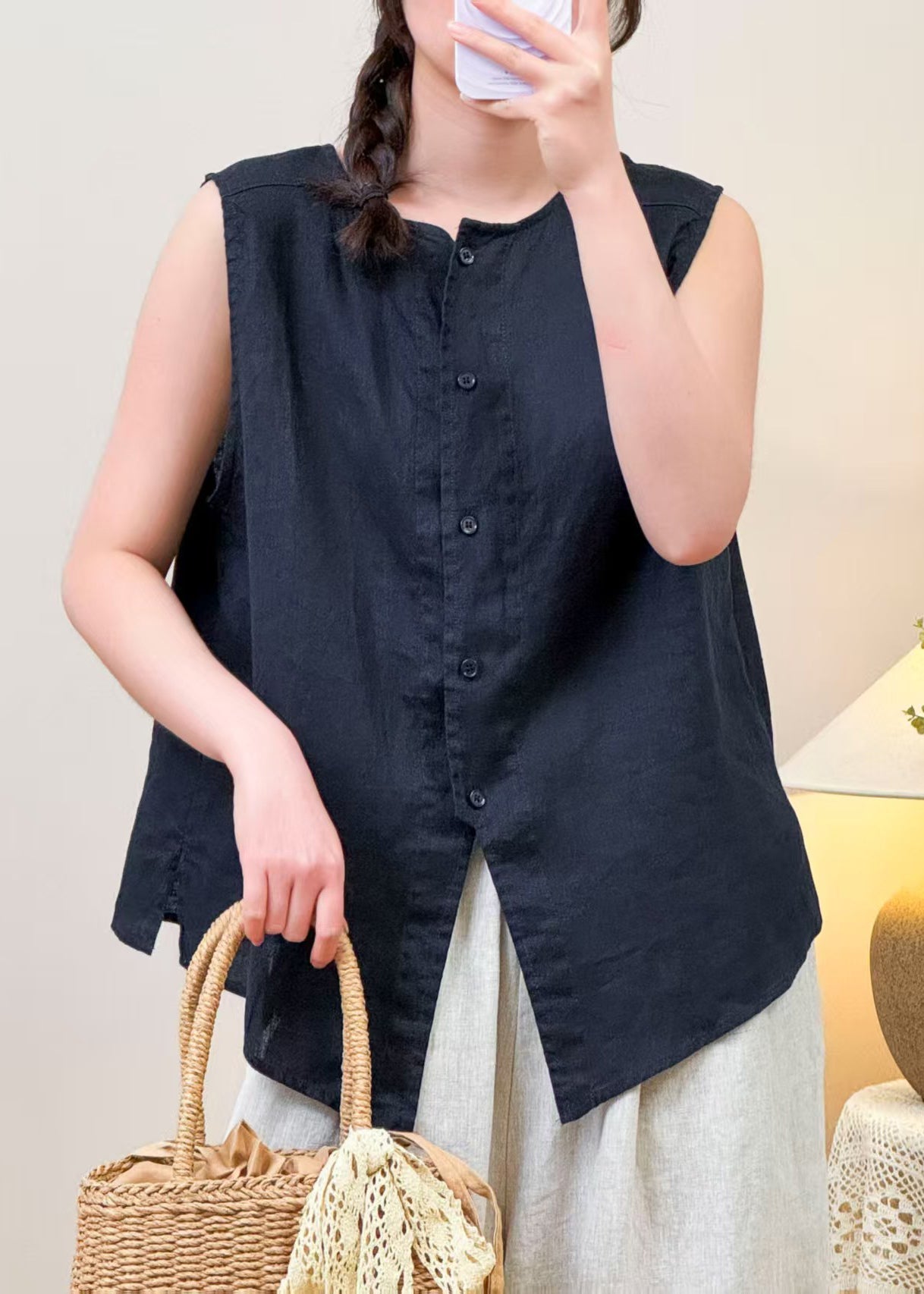 Simple Navy O Neck Button Linen Shirt Sleeveless