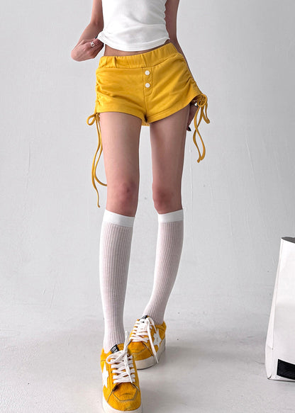 Yellow Cinched Cotton Summer Shorts Elastic Waist