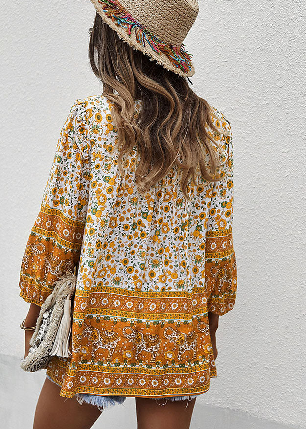Yellow V Neck Lace Up Print Patchwork Cotton Top Long Sleeve