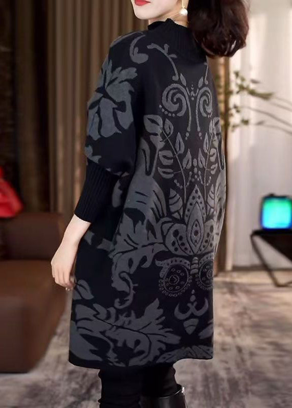 Black Hign Neck Thick Print Knit Sweater Winter