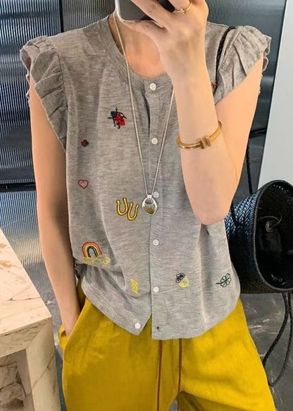 Grey Embroideried Button Down Cotton Vests Sleeveless