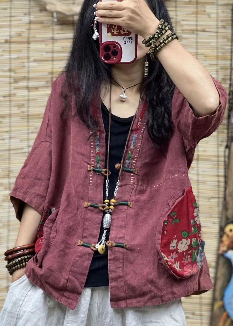 Green V Neck Pockets Chinese Button Patchwork Linen Coats Summer