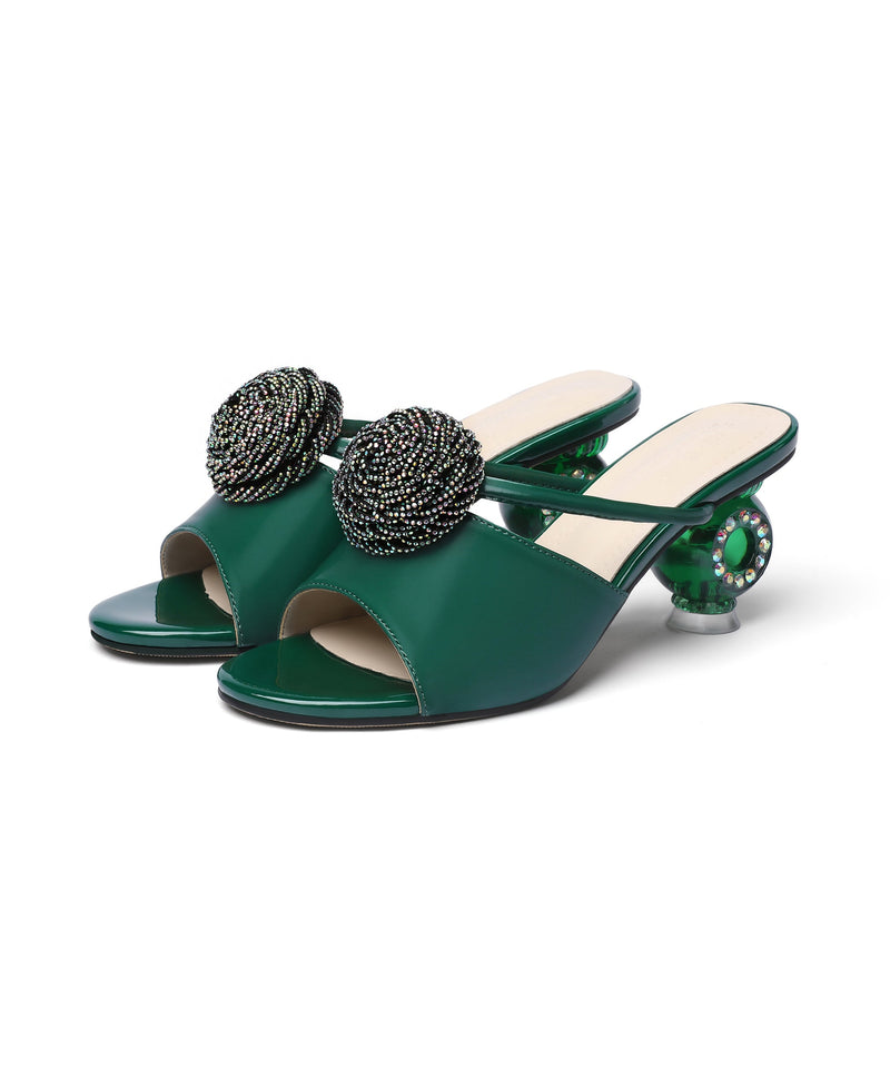 Crystal Chunky Heel Beige Slide Sandals Peep Toe