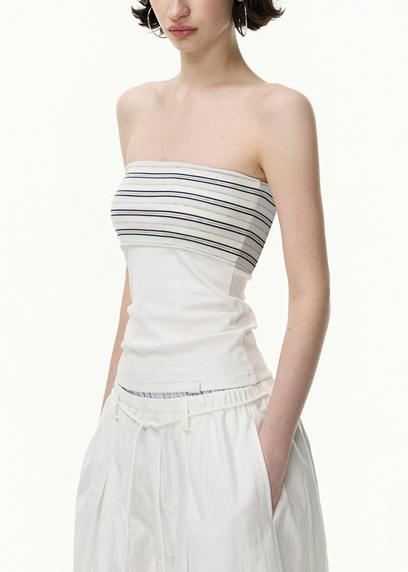 White Striped Slim Fit Cotton Two Pieces Set V Neck