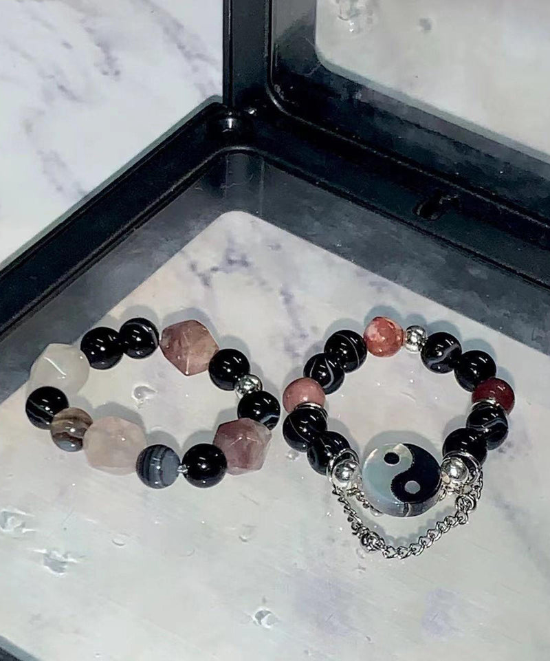 Colorblock Gem Stone Beading Rings Two Piece Set
