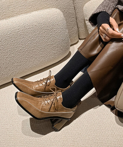 Splicing Lace Up Chunky Heel Mulberry Cowhide Leather