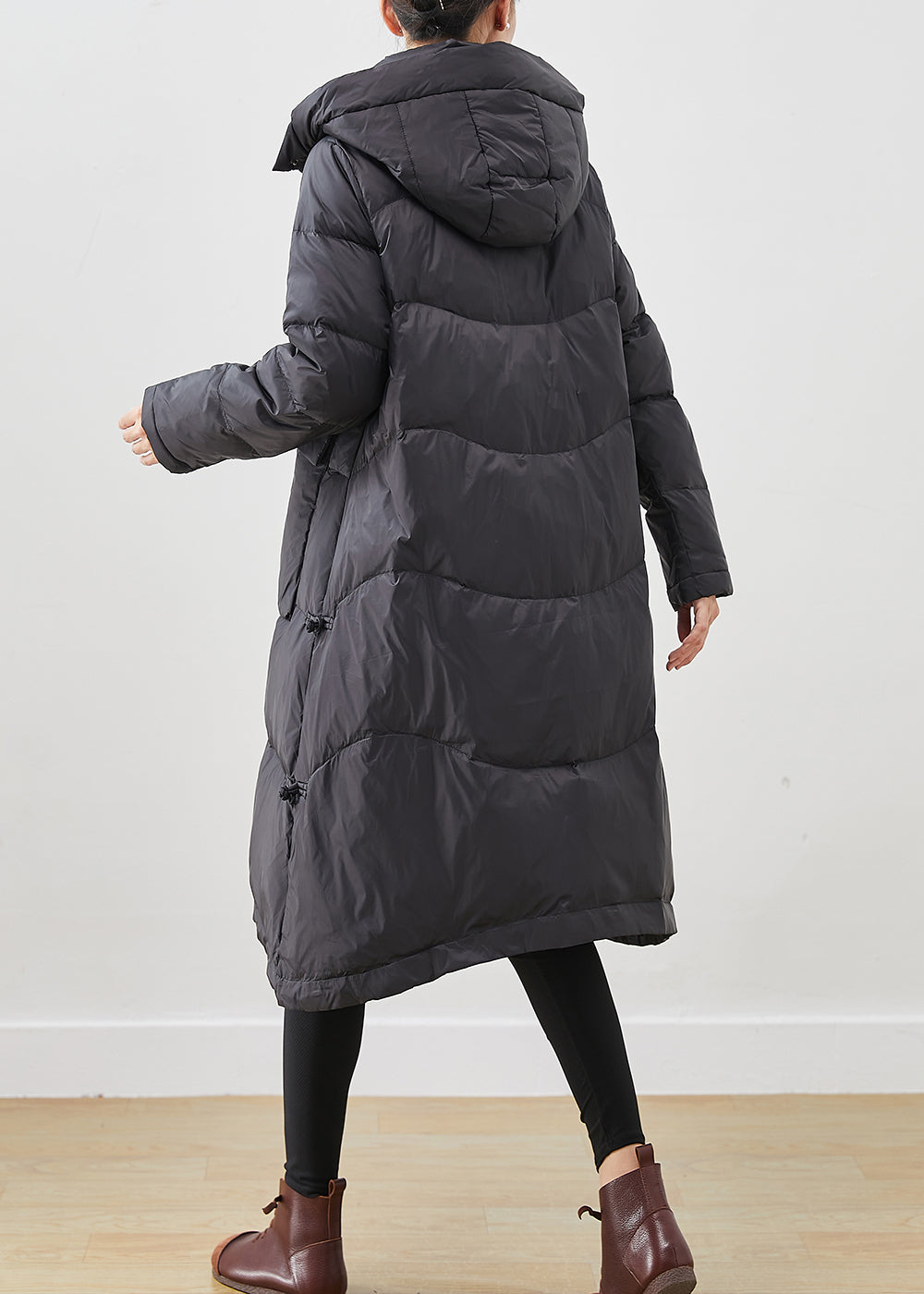 French Black Hooded Big Pockets Duck Down Jacket in Winter