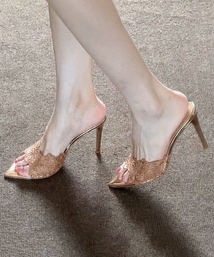 Champagne Lace High Heel Slippers Pointed Toe
