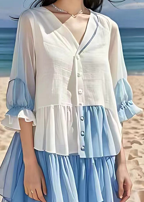 White Wrinkled Button Chiffon Long Dress Flare Sleeve