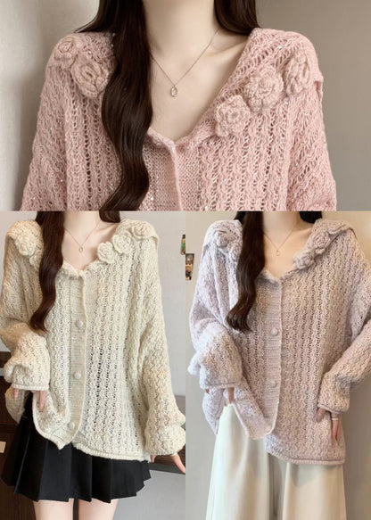 Pink Hollow Out Knitted Cardigan Fall