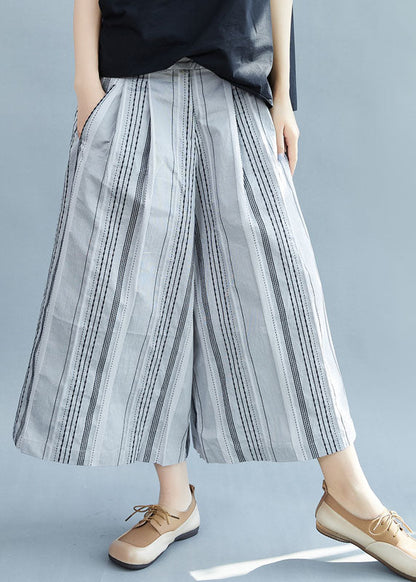 Black Striped Cotton Wide Leg Pants Spring
