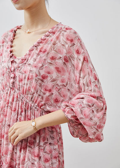 Pink Ruffled Print Chiffon Maxi Dresses Lantern Sleeve
