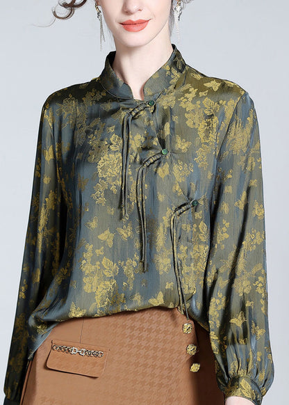 Yellow Green Print Button Silk Tops Long Sleeve