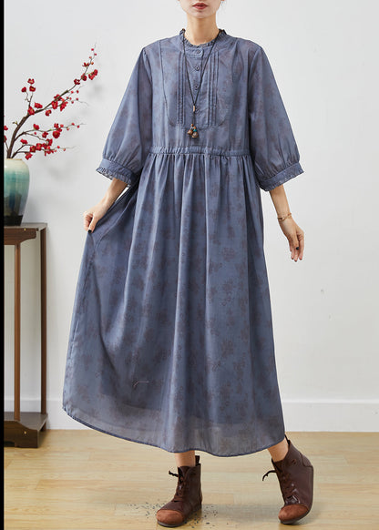 Blue Grey Cinched Print Linen Dress Bracelet Sleeve