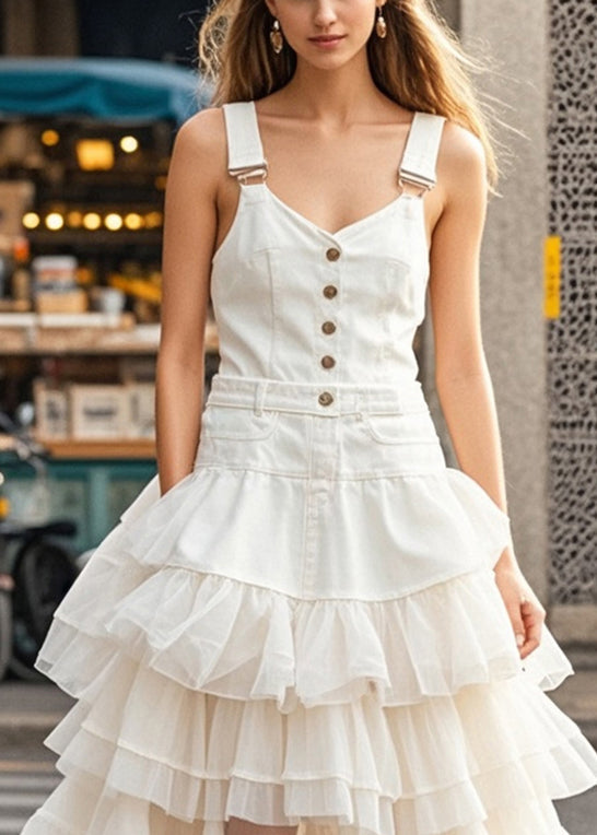 White Layered Tulle Patchwork Denim Dress Summer (ships in 15 Days)