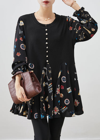 Black Print Patchwork Cotton Mini Dress Fall