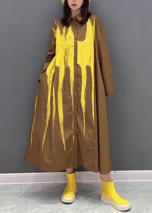 Yellow Oversized Tie Dye Cotton Holiday Dress Fall