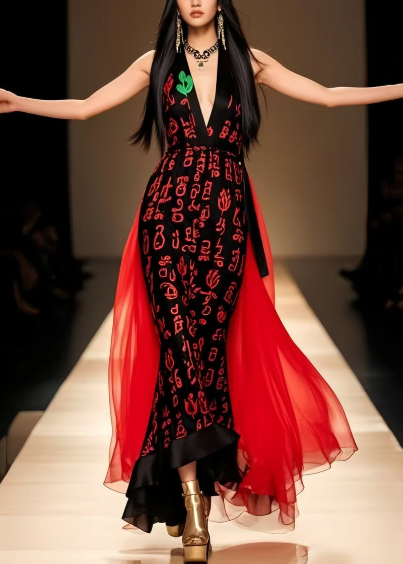 Black V Neck Patchwork Chiffon Party Dress Summer