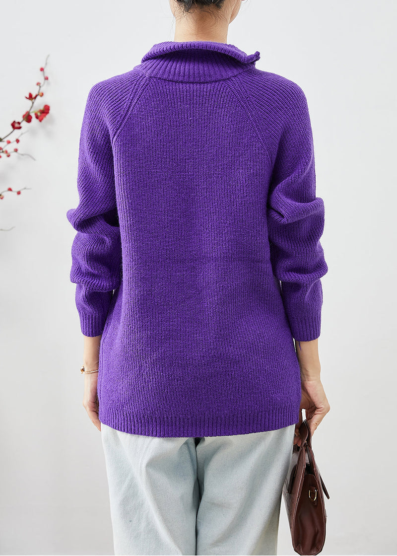 Purple Zip Up Thick Knit Short Sweater Winter
