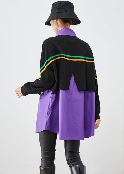 Purple Oversized Patchwork Cotton Fake Two Piece Sweatshirts Top Fall