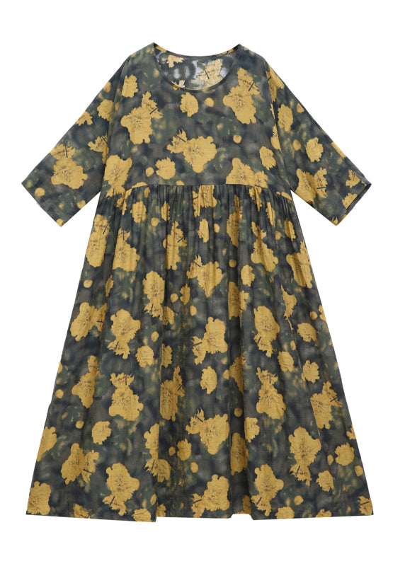 Retro Yellow O-neck Print Wrinkled Maxi Dress Long Sleeve