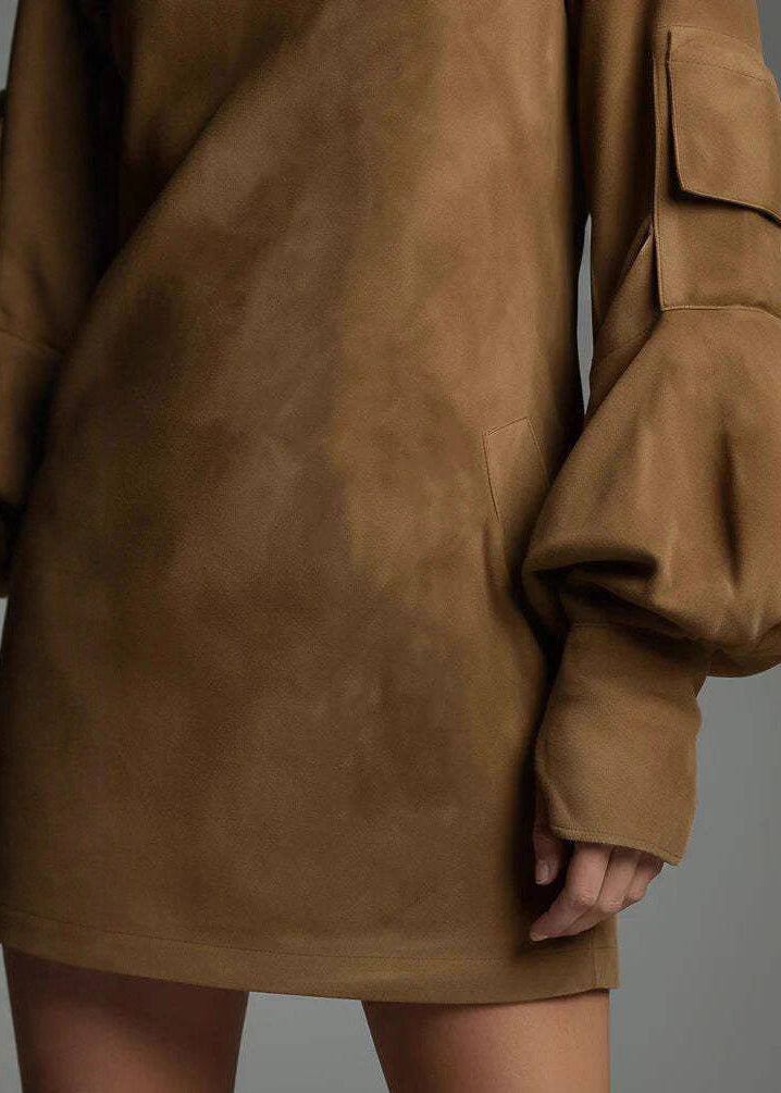 Brown High Neck Faux Suede Mid Dress Lantern Sleeve